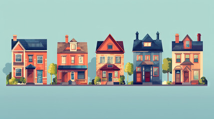 Set of cute residental houses in the neighborhood. Colorful architecture of suburb or village cottages.