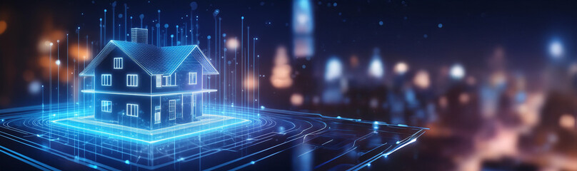 Hologram of a house and design in Real Estate project. Future Concept Simulation and connect Connect to Augmented Reality Metaverse .AI Generated