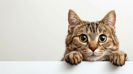 A cute cat curiously peeks out from the white edge isolated on white backgound. Disain template, banner. Copy space for add text.