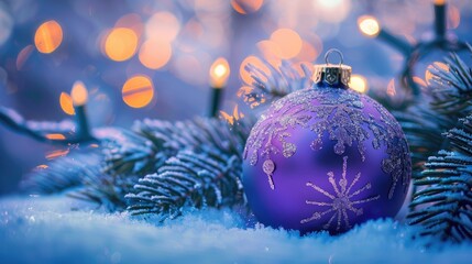 A lone purple holiday ornament adorned with snow on snowy boughs and shining stars