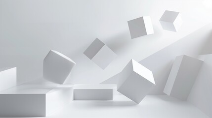 Modern white abstract background with 3D effects, highlighting floating geometric shapes and soft shadowing.