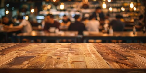 a image of a wooden table with people sitting at a bar