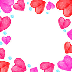 Watercolor hearts frame with hand drawn vector illustration for card or invite, scrapbook or cover. Cute vector background for Valentines day.