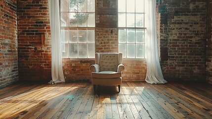 A wooden chair sits in an living room with windows, curtain, brick walls, and wooden floors.