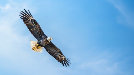 Obraz premium Majestic bald eagle soaring in the blue sky with wings fully extended, symbolizing freedom and strength in nature.