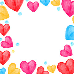 Watercolor hearts frame with hand drawn vector illustration for card or invite, scrapbook or cover. Cute vector background for Valentines day.