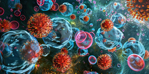 Viral infection dynamics microscopic view of cells and virus cells.