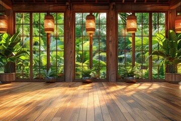 Tranquil indoor garden with wooden flooring and large windows, offering a serene and natural retreat with lush plants and warm sunlight