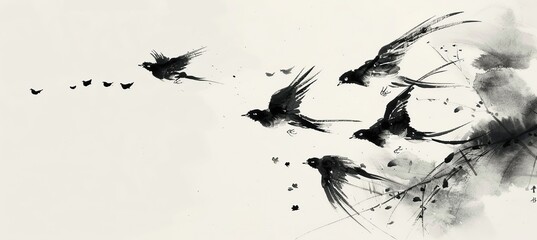 Black and white ink painting, several birds flying in the sky, in the style of Chinese artists, simple background.