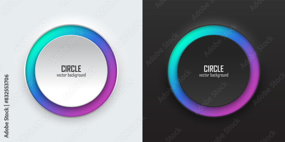 Leinwandbilder Set of realistic 3d circle, Blue and purple illuminate neon lighting, Circles frames on a white and black background in neumorphism style. Elements for design. Top view of podium. EPS10 vector.
