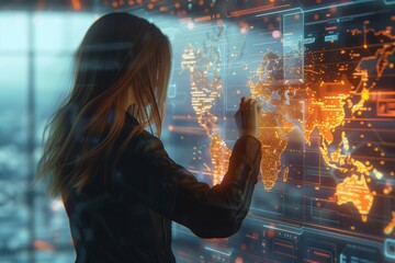 Woman Interacting with Futuristic Digital World Map Interface in Modern Office