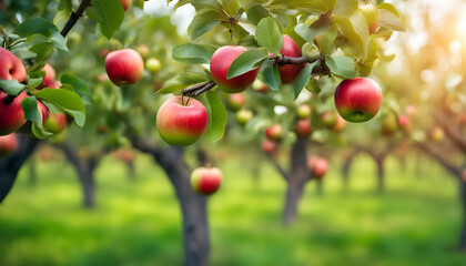 Obraz premium Imagine Beautiful Fruit farm with green apple trees, Branch with natural green apples on blurred background of red apple orchard
