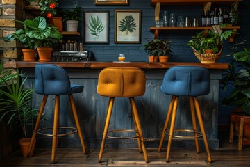 Modern bar with yellow barstools and green plants, creating a vibrant and stylish space for socializing with a contemporary touch