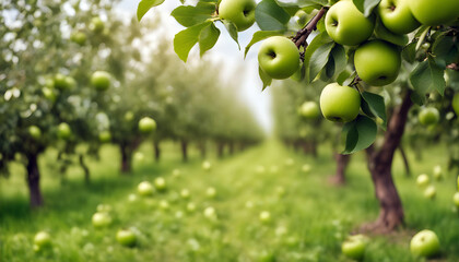 Imagine Beautiful Fruit farm with green apple trees, Branch with natural green apples on blurred background of red apple orchard