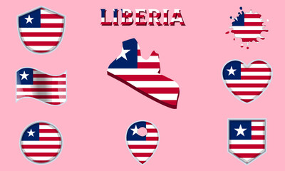 Collection of flat national flags of Liberia with map
