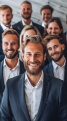 Fototapeta premium A group of successful smiling businessmen, men and women, professionals, a friendly team in a spacious bright office, looking at the camera