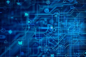 blue tech background with icons and blue wires