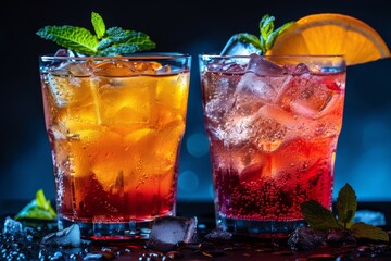 Refreshing cocktail with orange slice and mint leaves, set against a vibrant background, capturing the essence of a lively and festive atmosphere