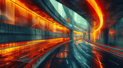 Fototapeta premium Abstract background: City tunnel with reflections and light trails. 
