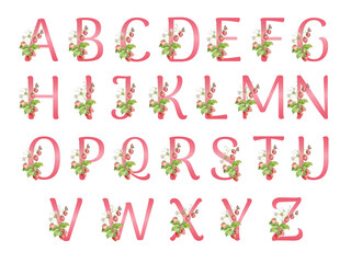 Red Alphabet set with watercolor strawberry, leaves, flowers and butterfly