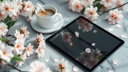 Working moment: tablet, coffee and spring beauty. 