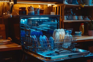 Fototapeta premium Modern dishwasher kitchen household dish washing machine professional restaurant cafe equipment consumer grade heavy load home routine clean plates cups appliances loading unloading water technology