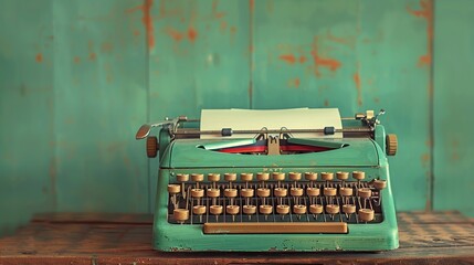 Vintage retro old typewriter on a mint green background on a wooden table.