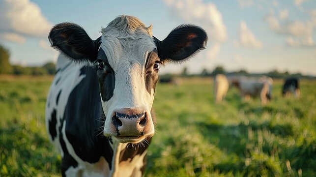 Close-up of a black and white cow standing in a grazing field with clear skies and warm sunlight looking towards the camera. Farm and industry producing fresh milk and draft meat.