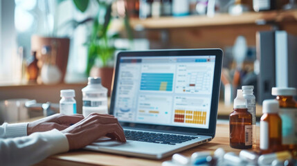 A scientist working on biotechnological computer software to study or analyze DNA data. Genetic Engineering Laboratory. A laptop computer with a genetic research software screen