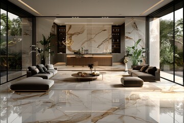 Modern living room with marble flooring and elegant furnishings, featuring large windows and a sophisticated interior design