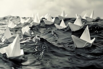 Obraz premium Origami Paper Boats Floating on Water.