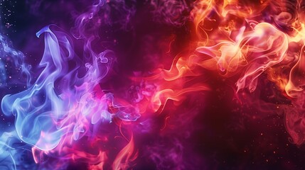 Obraz premium a large red and purple flame on black background, fire flames. The smoke is blue, orange and pink. It's a vibrant image. 