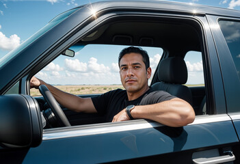 a man is sitting in the driver's seat of a car with window opened and his elbow outside