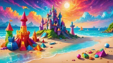 Summer Fun: Colorful Beach Toys and Sandcastle Delight by the Seaside
