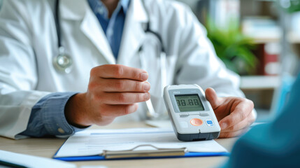 A middle-aged patient in the clinic holds a glucometer. A male therapist writes numbers on a paper tablet to regulate the treatment of a disease in the clinic.