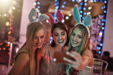 Women, selfie and smile at nightclub party for memories on weekend for social media with...