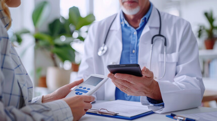 A middle-aged patient in the clinic holds a glucometer. A male therapist writes numbers on a paper tablet to regulate the treatment of a disease in the clinic.