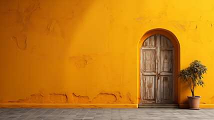 Ancient Arabic Moroccan oriental wooden door on yellow cracked wall background with copy space