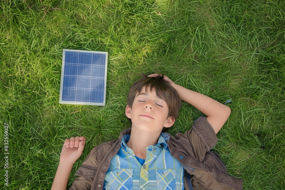 Wall mural a young boy lying on green grass, holding a solar panel next to him, eco-friendly technology