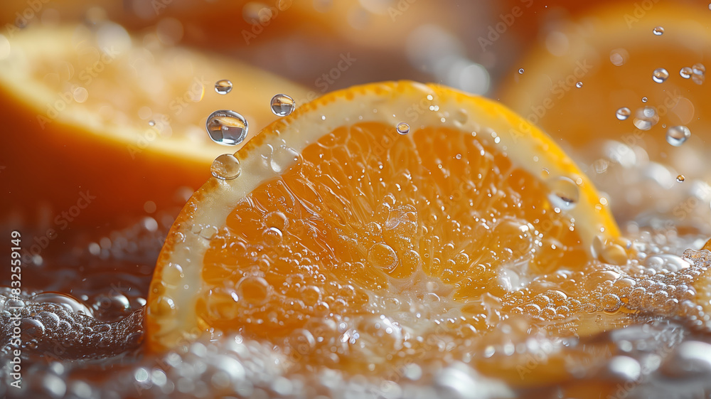 Poster a slice of orange is floating in a bowl of water. the water is bubbling and the orange is partially 