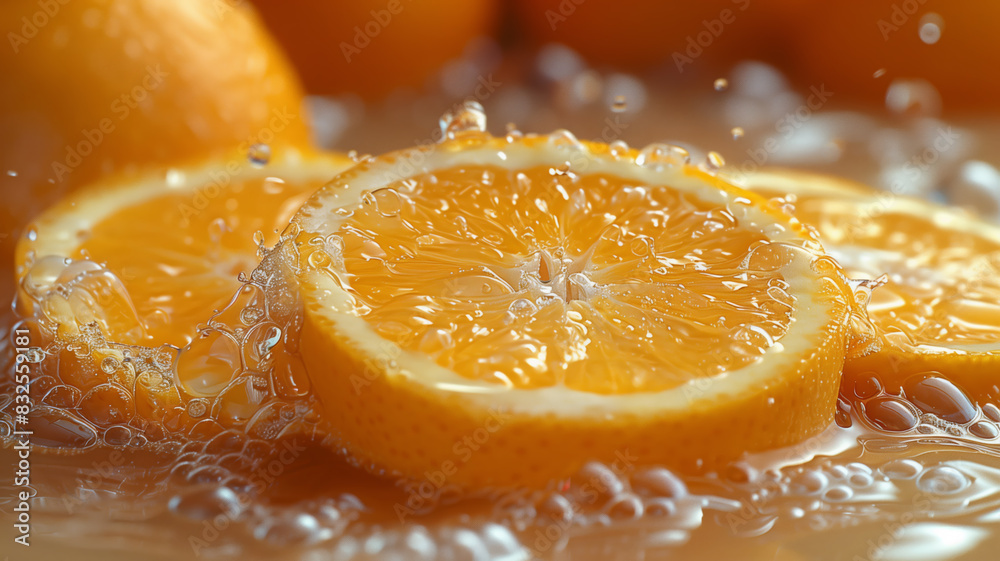 Poster a slice of orange is floating in a bowl of water. the water is bubbling and the orange is partially 