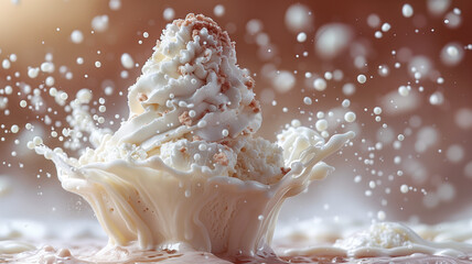 A large ice cream cone is splashing in a pool of milk. The image has a playful and fun mood, as the...