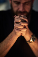 Closeup, prayer and man with hands together, faith and religion with guidance, peace and trust. Person, believe and Christian with worship, spiritual and hope with gratitude, kindness and commitment