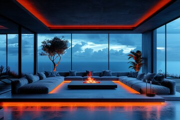 Modern living room with floor to ceiling windows and vibrant orange lighting, creating a stylish and contemporary interior design