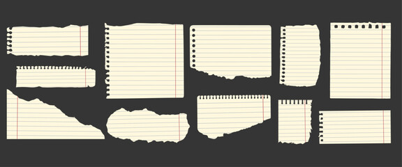 Set of torn paper sheet in retro style for scrapbooking. Notebook ripped paper scraps. Vector torn paper edges clipart.