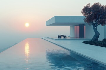 Minimalist infinity pool overlooking the ocean at sunset, creating a serene and luxurious outdoor space with breathtaking views