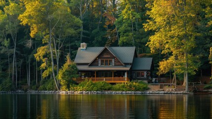 A serene lakeside cabin with earth-tone exterior, surrounded by trees in shades of green and brown