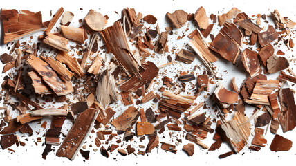 Wood pieces and dust, crushed tree bark isolated on white background, organic texture, top view --ar 16:9 --style raw --stylize 800 Job ID: 840b9a9d-21f5-4284-bbd7-d9a42d26ed57