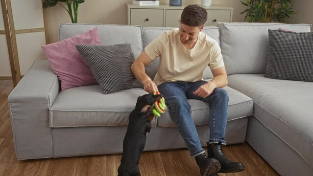 A young hispanic man playing with his teckel dachshund dog in a cozy living room with modern decor.