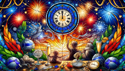 Fototapeta premium Stained glass picture of New year celebration